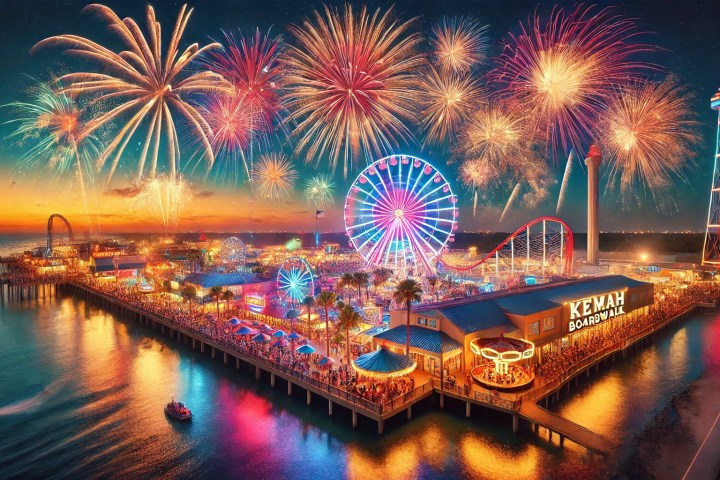 Colorful fireworks over an illuminated boardwalk at dusk with crowds, rides, and water reflections.