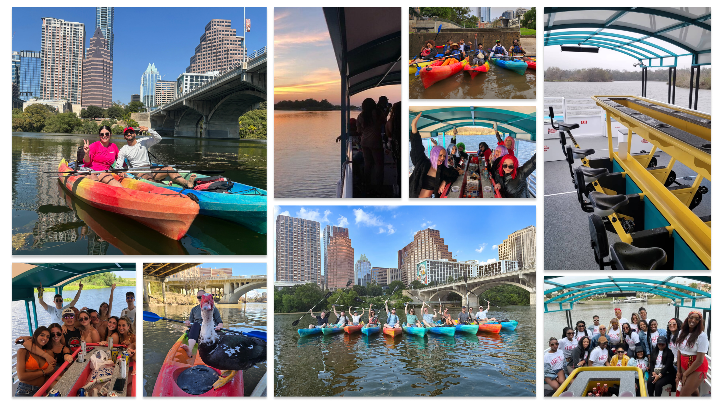 Collage of groups kayaking and enjoying pedal boats on a city river, with a skyline and bridge in the background.